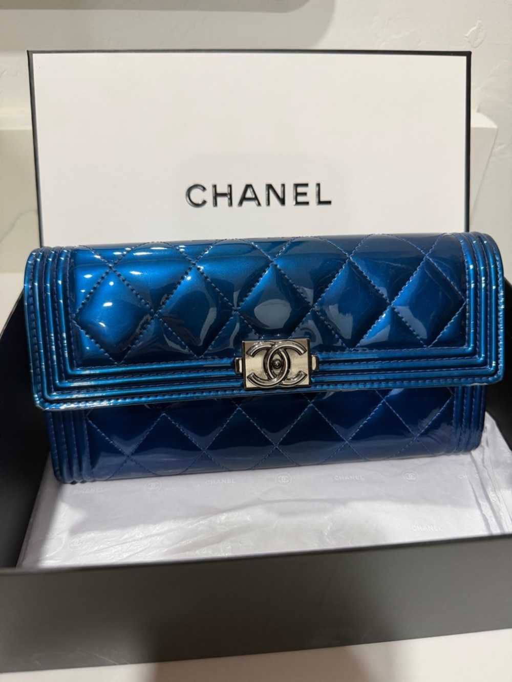 CHANEL Navy Blue Patent Quilted Boy Wallet Authentic with Box